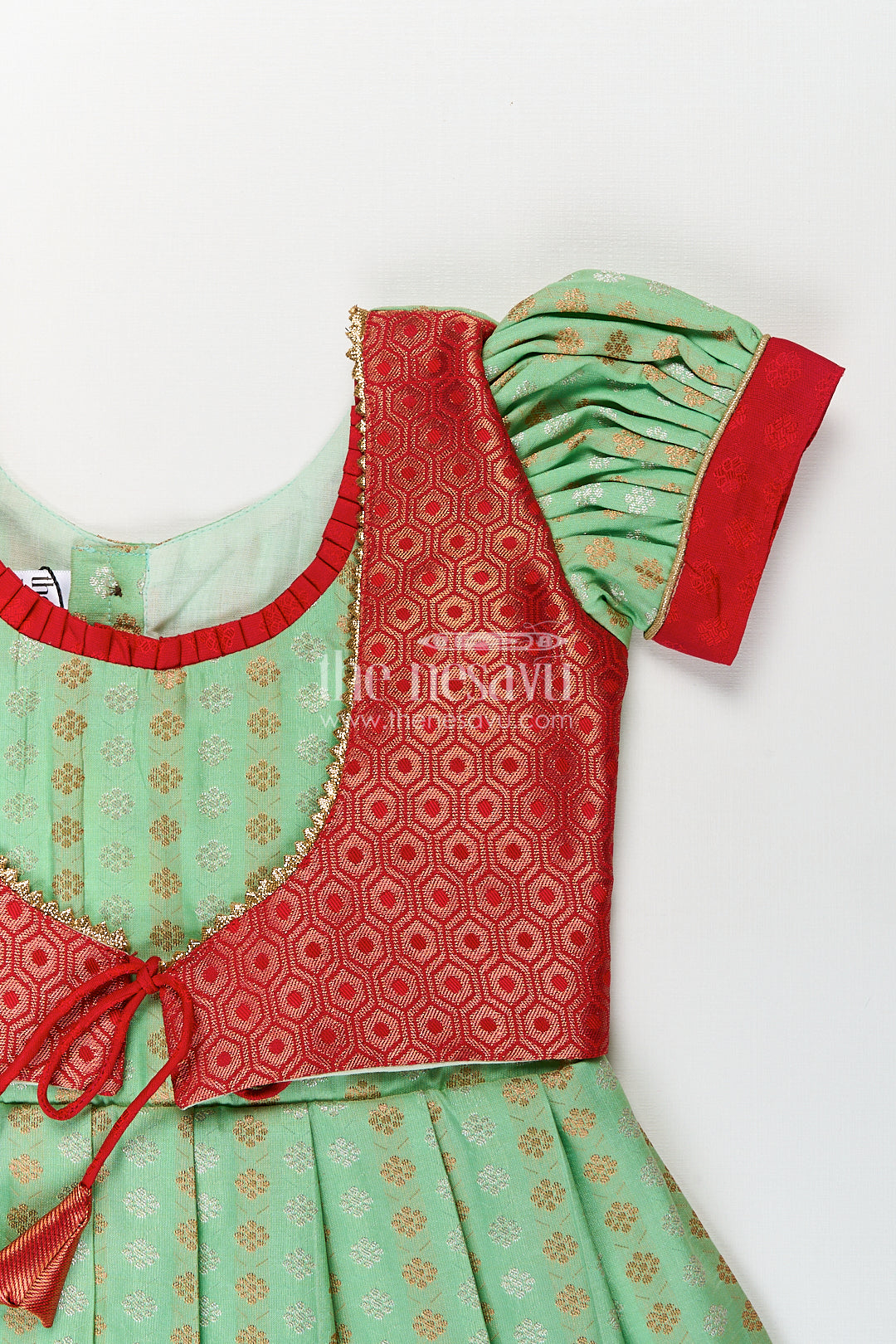 Girls Kanchivaram Pattu Saree Long Frock with Puff Sleeves in Green and Red Zari Woven Traditional Style