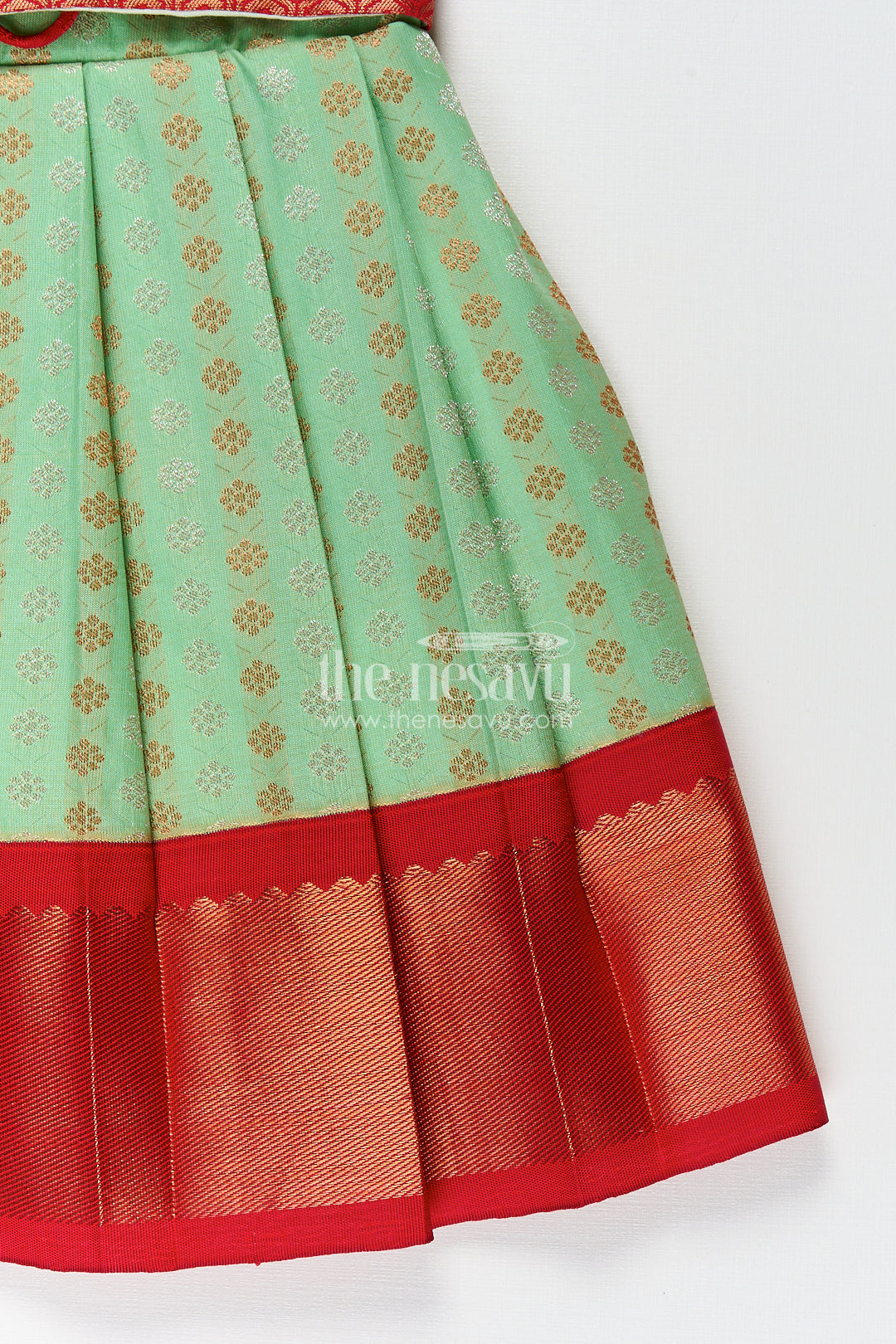 Girls Kanchivaram Pattu Saree Long Frock with Puff Sleeves in Green and Red Zari Woven Traditional Style