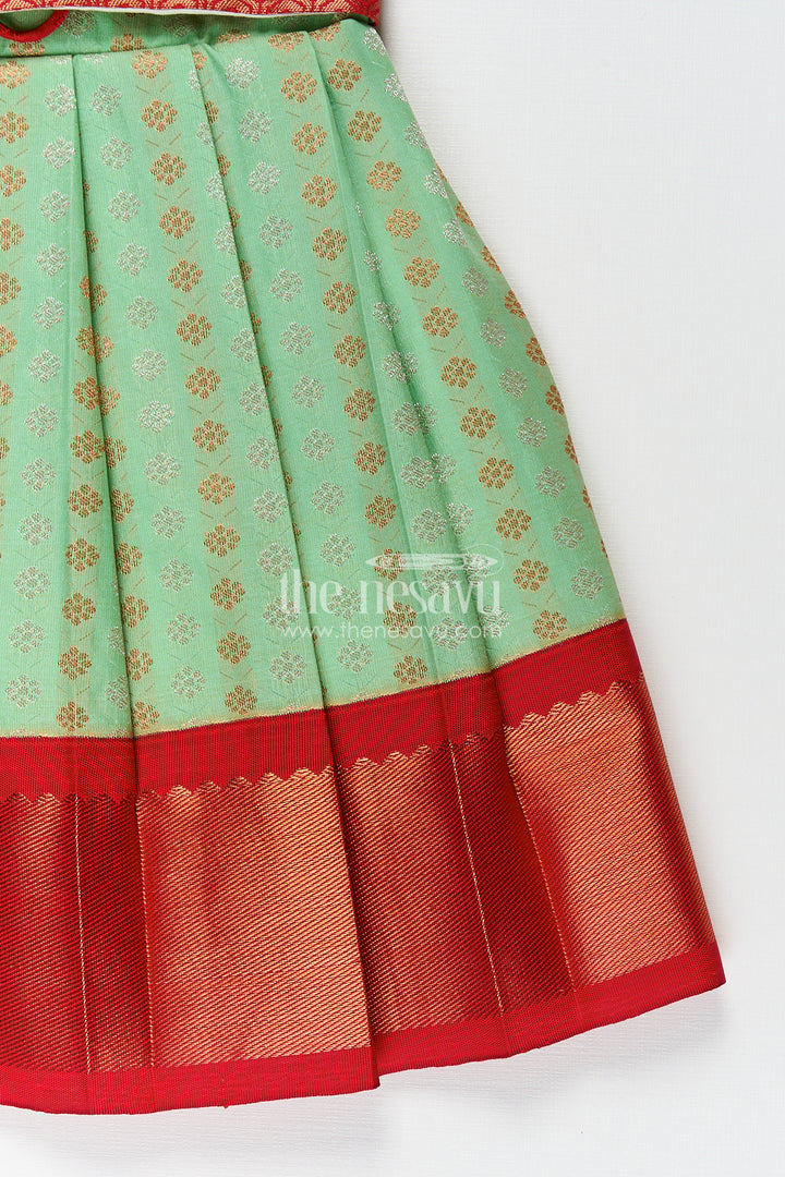 Girls Kanchivaram Pattu Saree Long Frock with Puff Sleeves in Green and Red Zari Woven Traditional Style