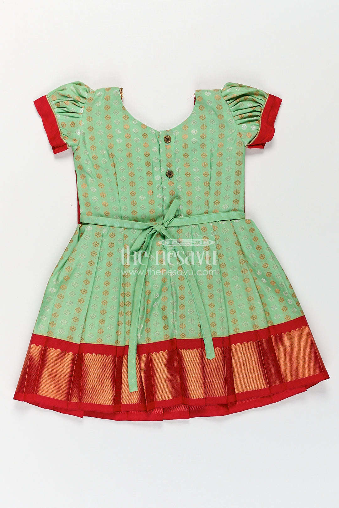 Girls Kanchivaram Pattu Saree Long Frock with Puff Sleeves in Green and Red Zari Woven Traditional Style