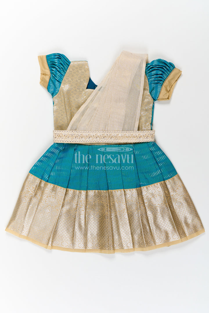 Girls Pure Silk Dress in Semi Kanchivaram with Teal and Beige Weaves and Elegant Embroidered Lace Dupatta