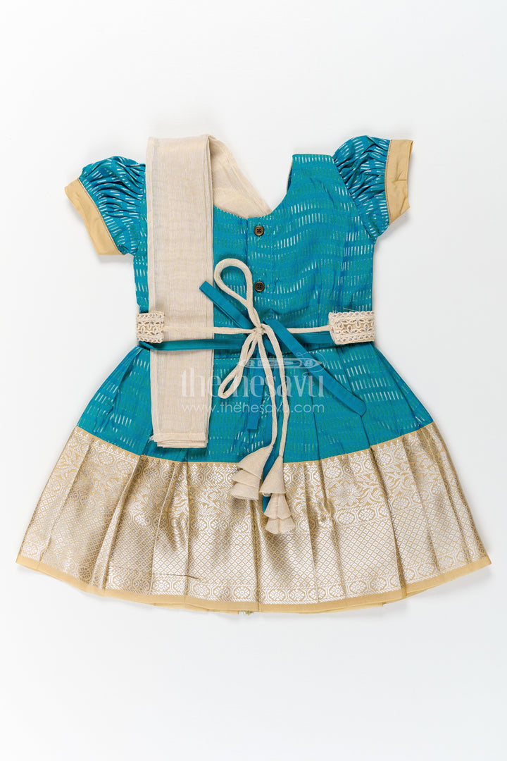 Girls Pure Silk Dress in Semi Kanchivaram with Teal and Beige Weaves and Elegant Embroidered Lace Dupatta