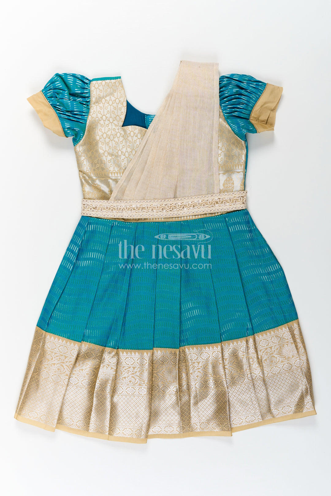 Girls Pure Silk Dress in Semi Kanchivaram with Teal and Beige Weaves and Elegant Embroidered Lace Dupatta