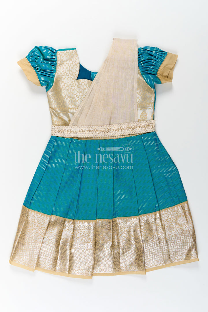 Girls Pure Silk Dress in Semi Kanchivaram with Teal and Beige Weaves and Elegant Embroidered Lace Dupatta