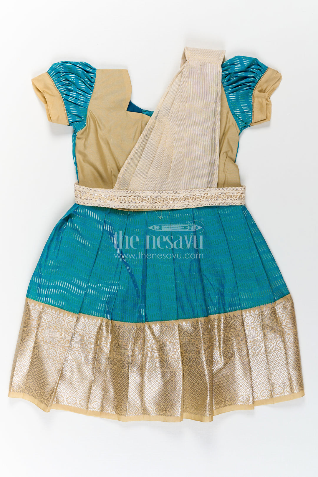 Girls Pure Silk Dress in Semi Kanchivaram with Teal and Beige Weaves and Elegant Embroidered Lace Dupatta