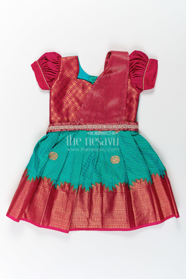 Girls Light Blue Dress Silk in Semi Kanchivaram with Maroon Borders and Stone Lace Embellished Dupatta