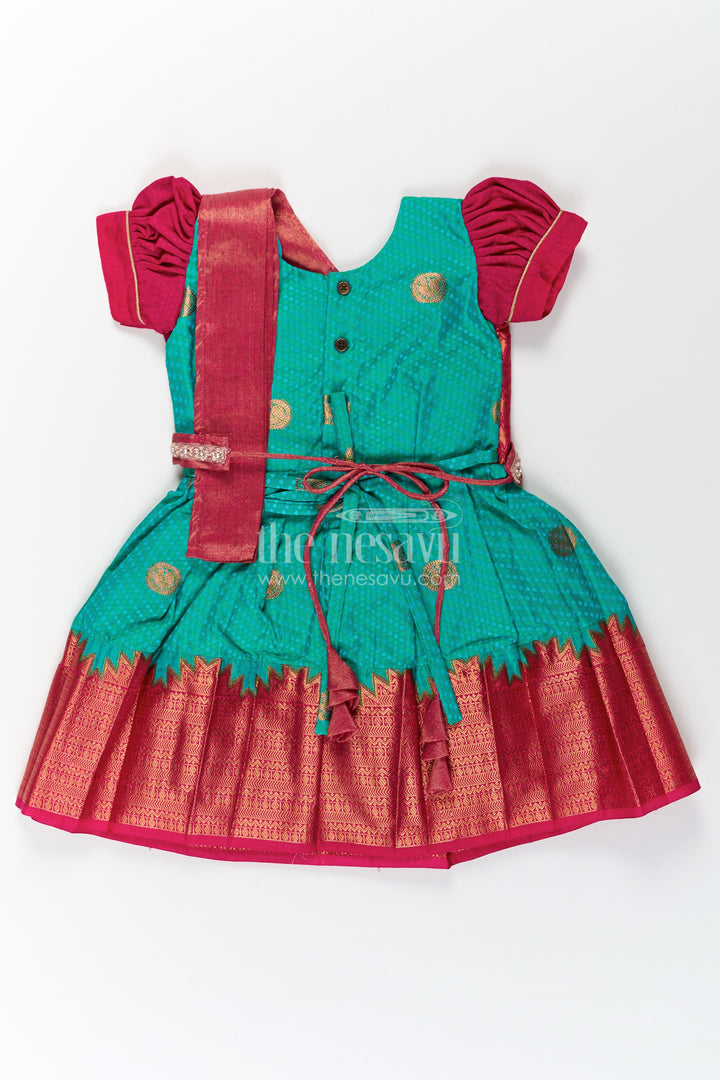 Girls Light Blue Dress Silk in Semi Kanchivaram with Maroon Borders and Stone Lace Embellished Dupatta