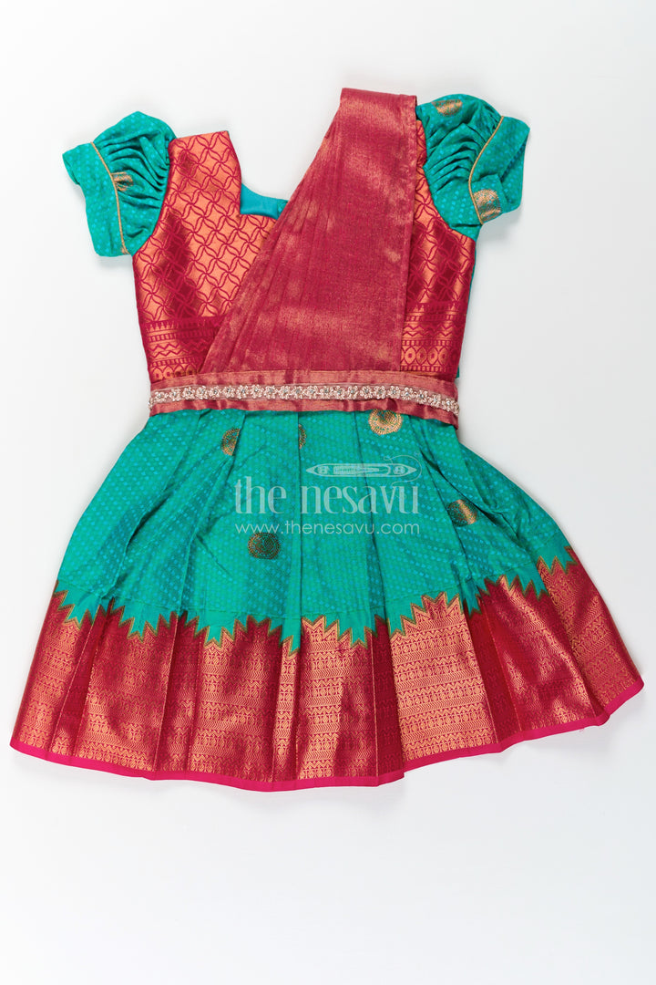 Girls Light Blue Dress Silk in Semi Kanchivaram with Maroon Borders and Stone Lace Embellished Dupatta