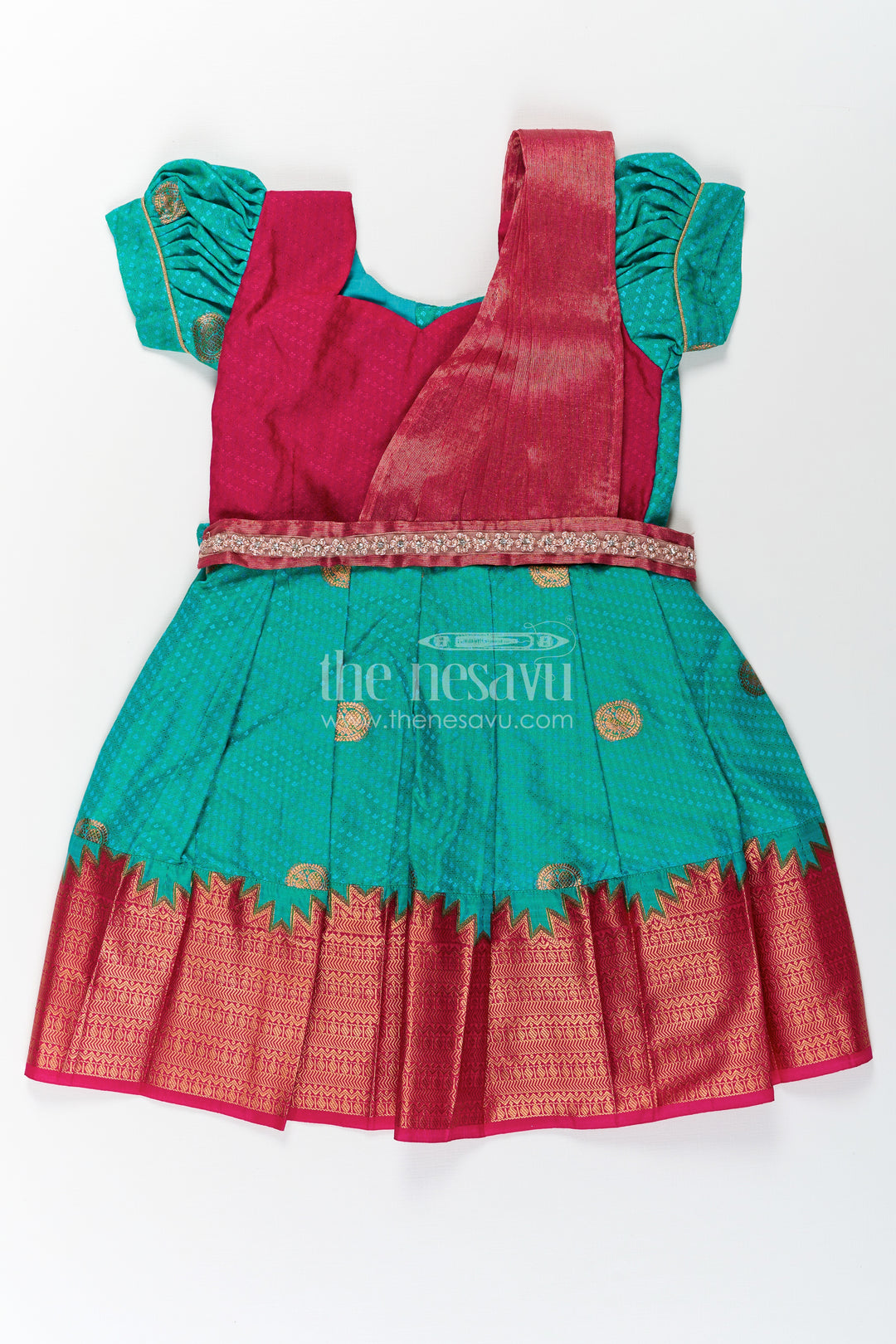 Girls Light Blue Dress Silk in Semi Kanchivaram with Maroon Borders and Stone Lace Embellished Dupatta
