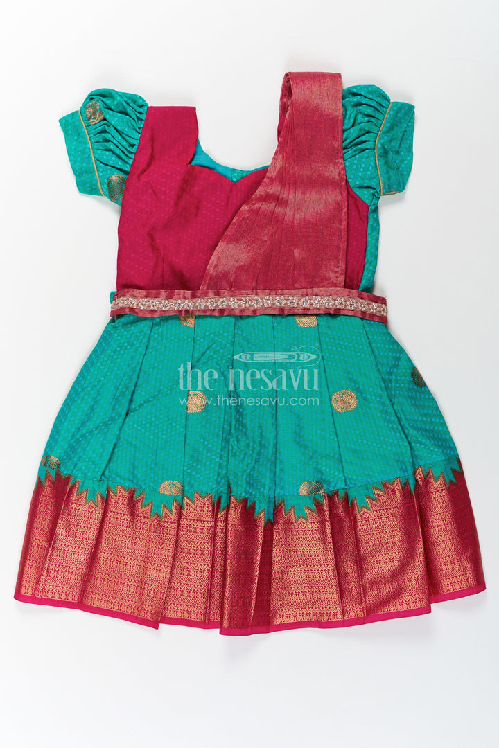 Girls Light Blue Dress Silk in Semi Kanchivaram with Maroon Borders and Stone Lace Embellished Dupatta