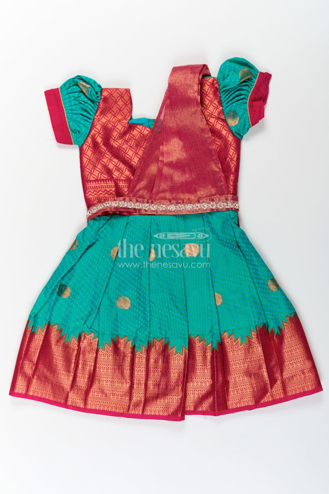 Girls Light Blue Dress Silk in Semi Kanchivaram with Maroon Borders and Stone Lace Embellished Dupatta