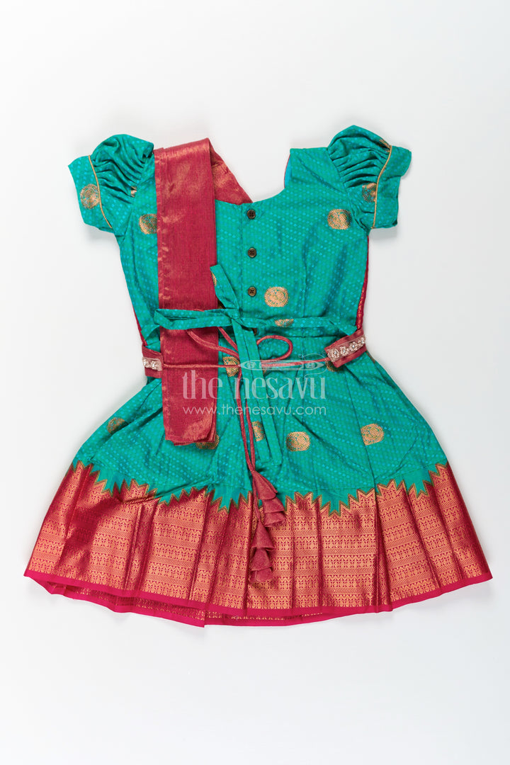 Girls Light Blue Dress Silk in Semi Kanchivaram with Maroon Borders and Stone Lace Embellished Dupatta
