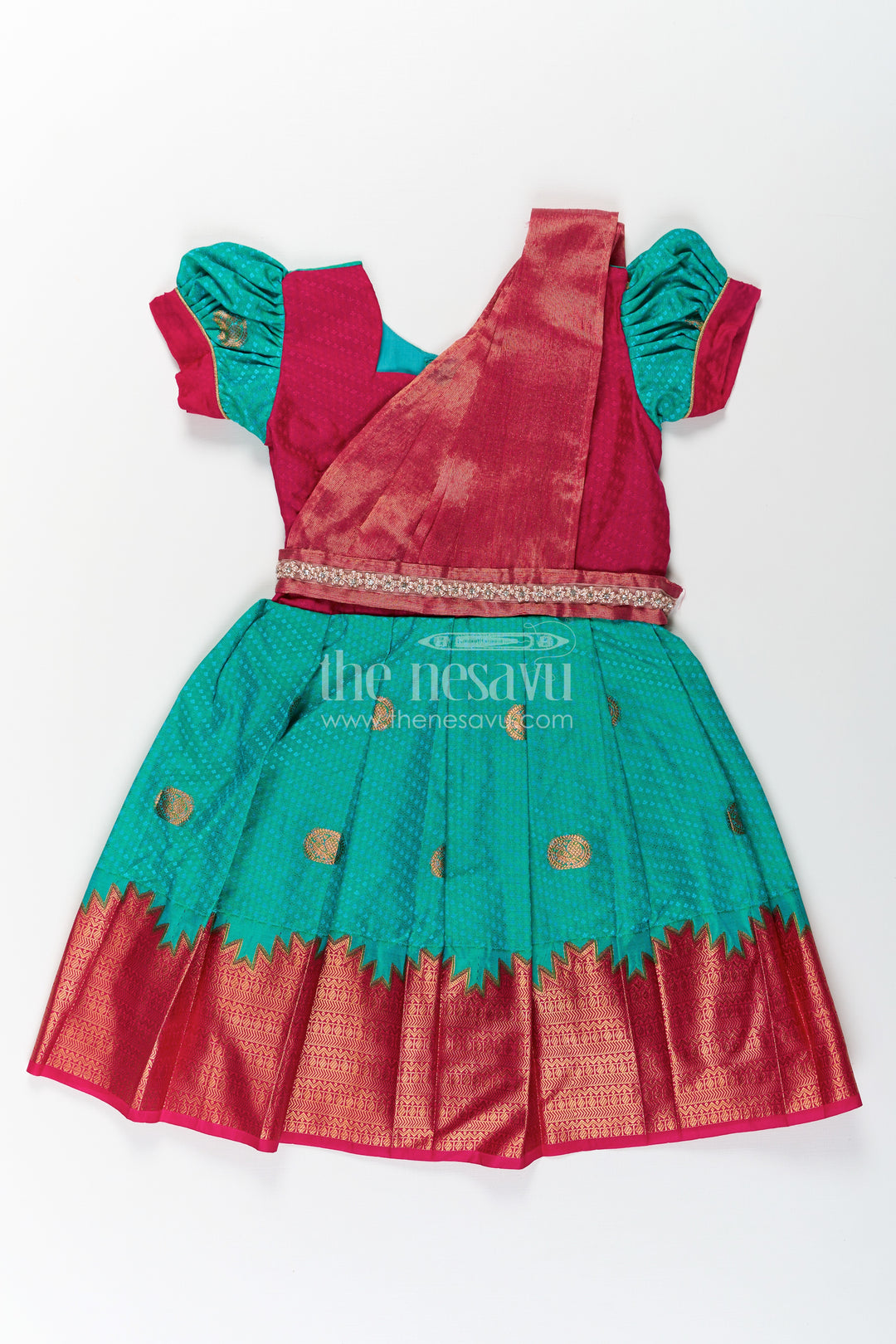 Girls Light Blue Dress Silk in Semi Kanchivaram with Maroon Borders and Stone Lace Embellished Dupatta