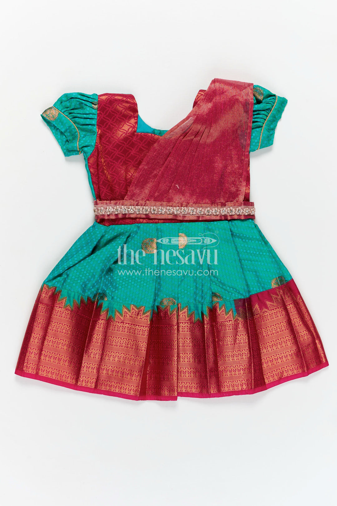 Girls Light Blue Dress Silk in Semi Kanchivaram with Maroon Borders and Stone Lace Embellished Dupatta
