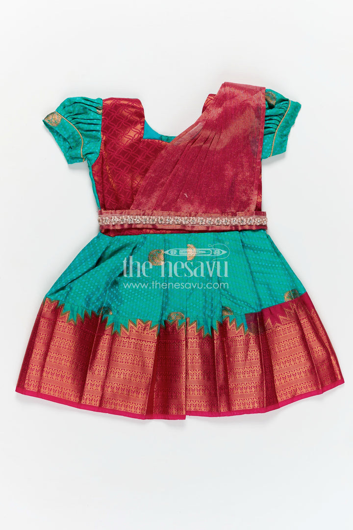 Girls Light Blue Dress Silk in Semi Kanchivaram with Maroon Borders and Stone Lace Embellished Dupatta