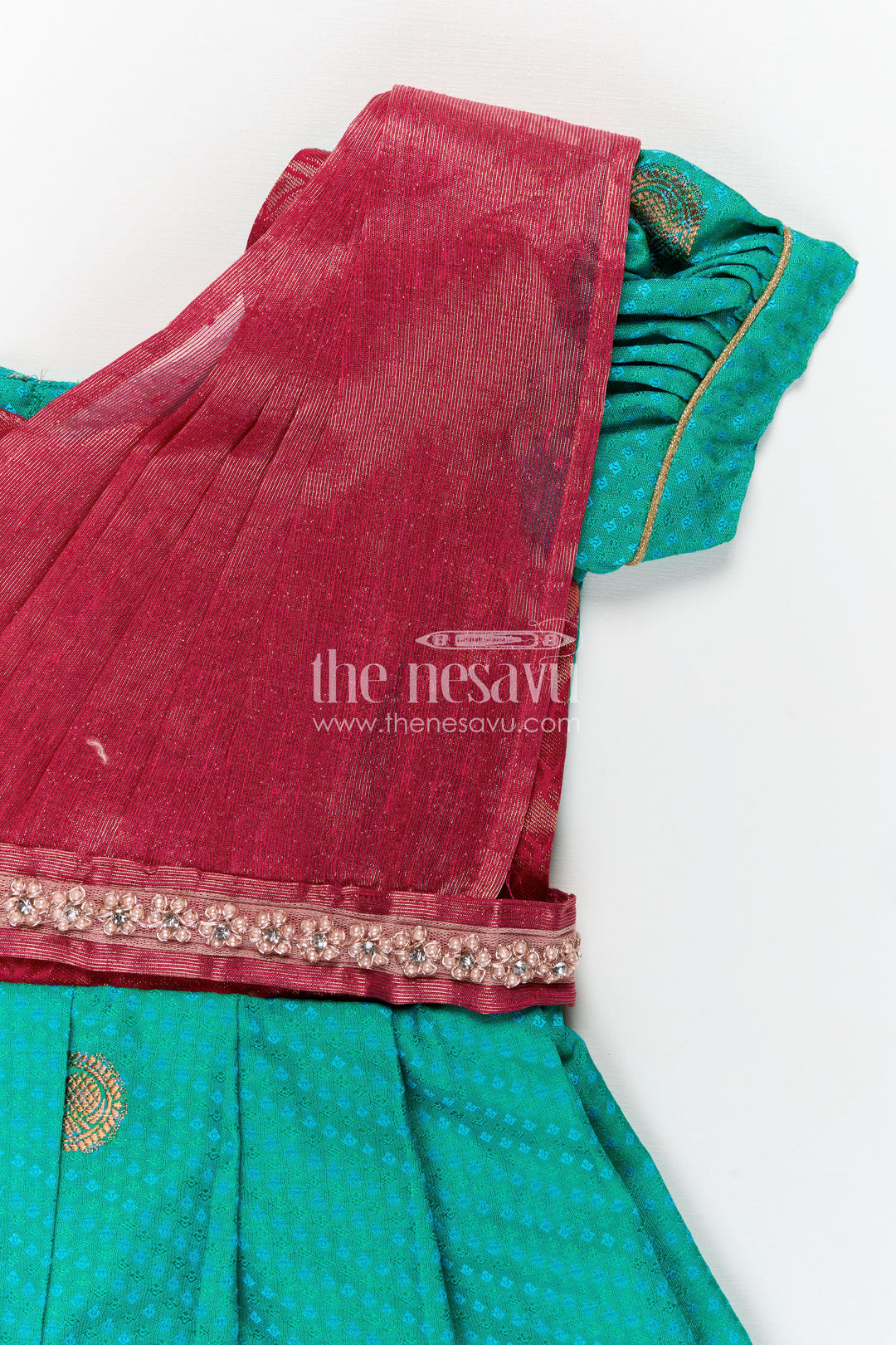 Girls Light Blue Dress Silk in Semi Kanchivaram with Maroon Borders and Stone Lace Embellished Dupatta