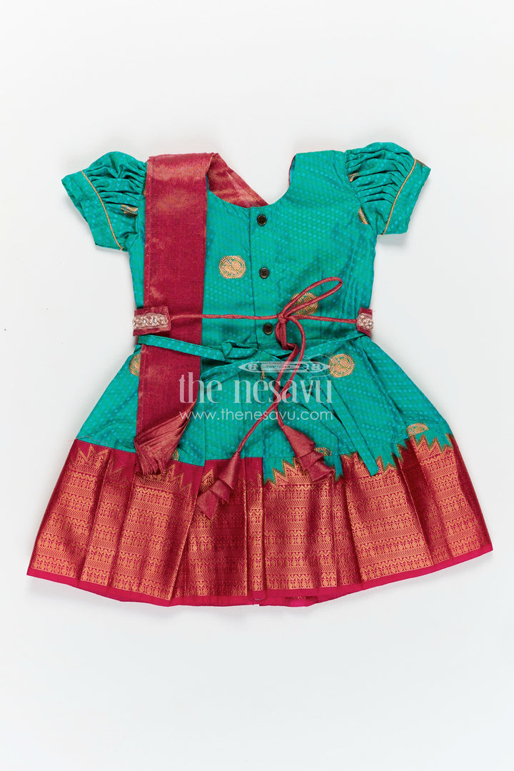 Girls Light Blue Dress Silk in Semi Kanchivaram with Maroon Borders and Stone Lace Embellished Dupatta