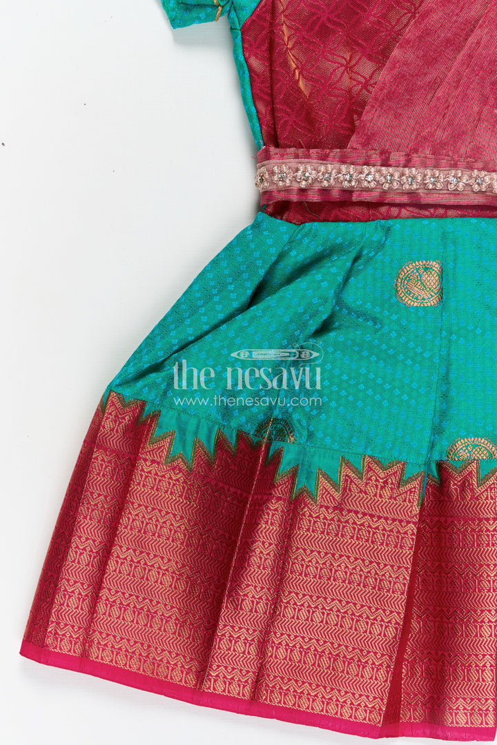 Girls Light Blue Dress Silk in Semi Kanchivaram with Maroon Borders and Stone Lace Embellished Dupatta