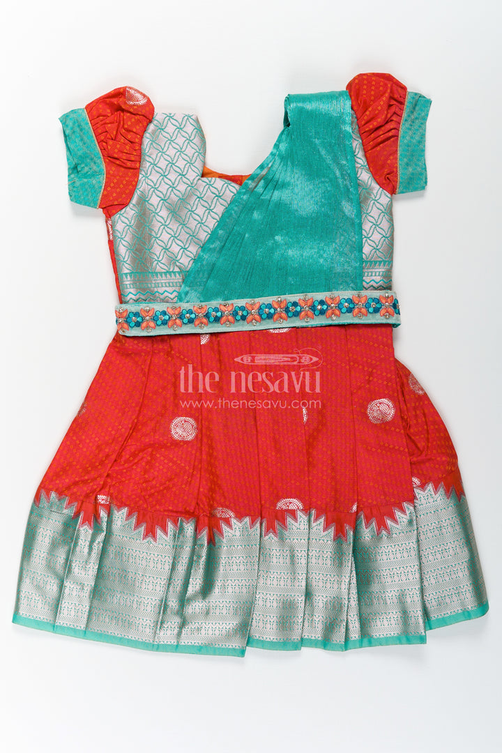 Girls Semi Kanchivaram dark red silk dress with Embroidered Lace and Dupatta in Traditional South Style