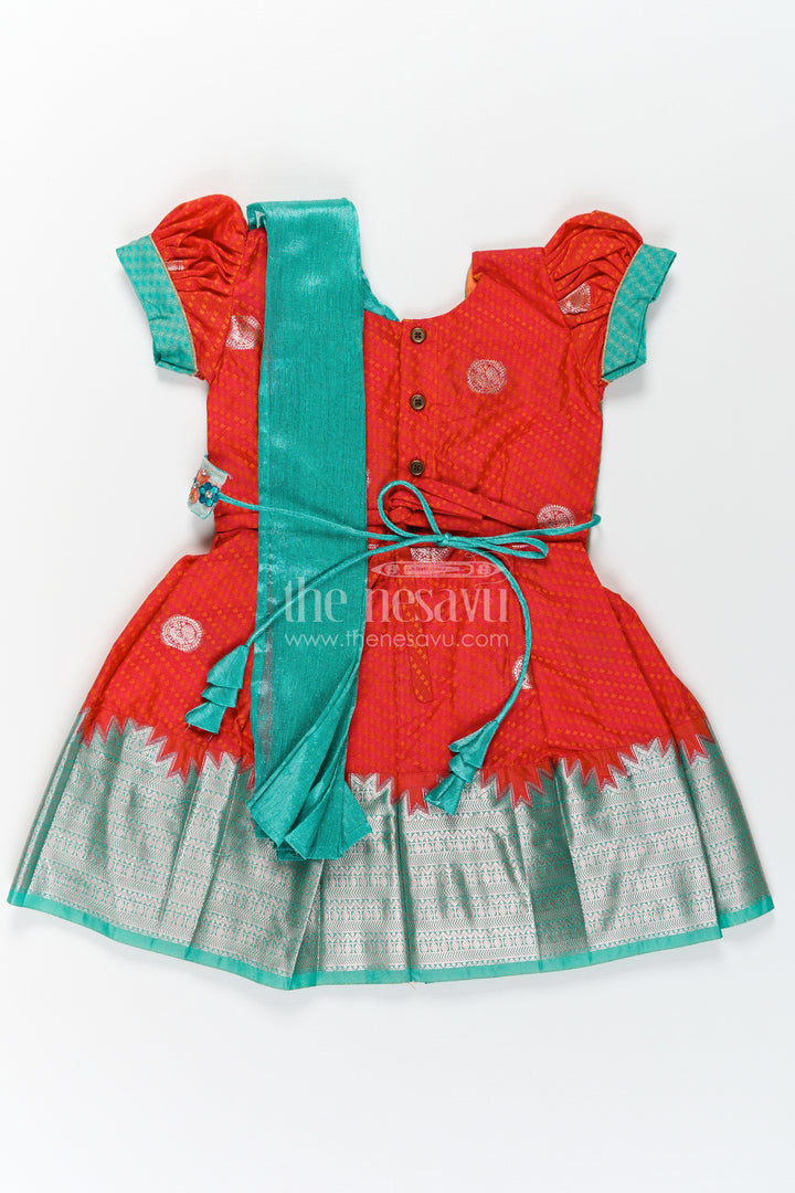Girls Semi Kanchivaram dark red silk dress with Embroidered Lace and Dupatta in Traditional South Style