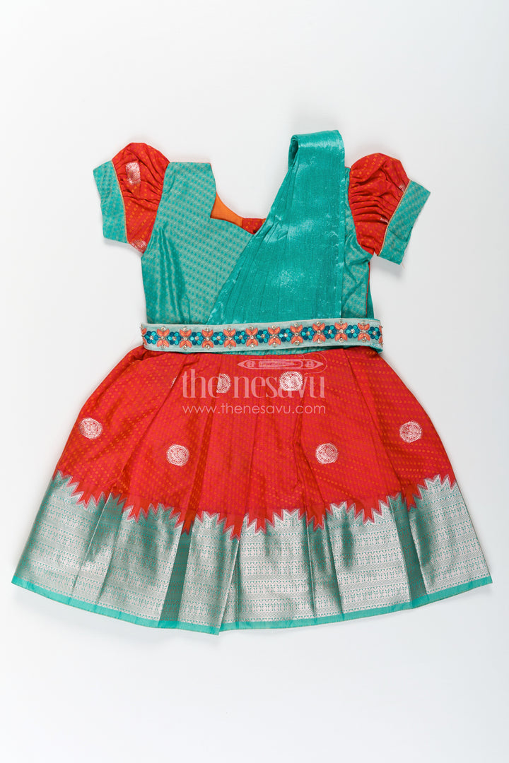 Girls Semi Kanchivaram dark red silk dress with Embroidered Lace and Dupatta in Traditional South Style