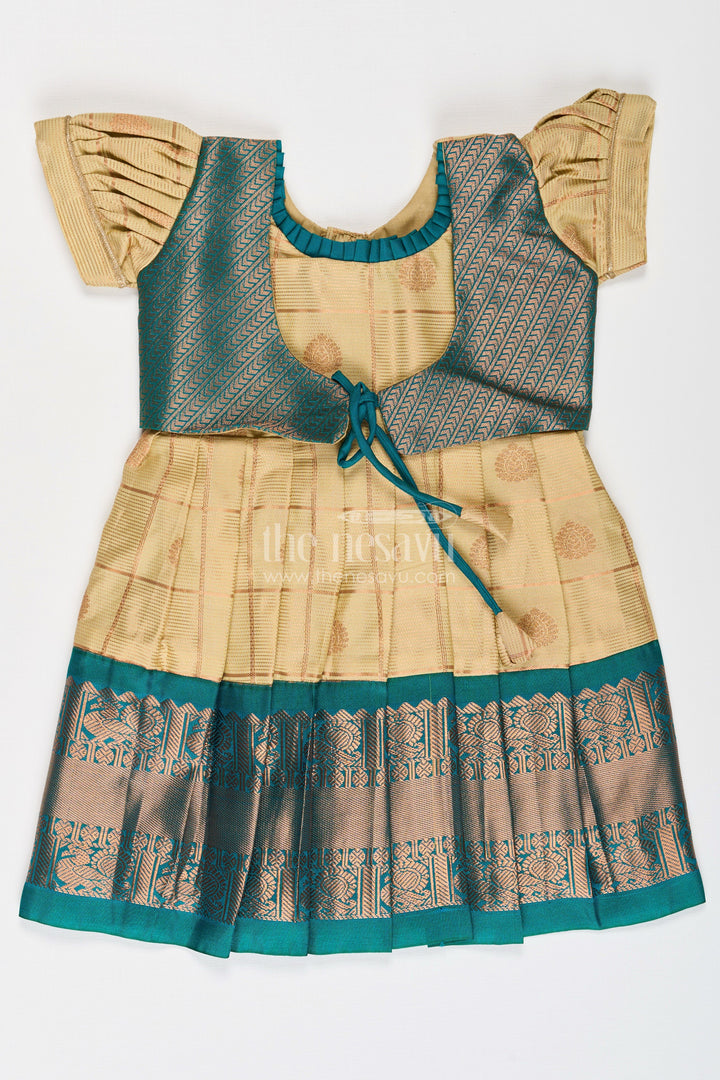 Girls Infant Frocks in Semi Kanchivaram Silk with Blue Zari Borders and Stylish Sleeves for Traditional Grace