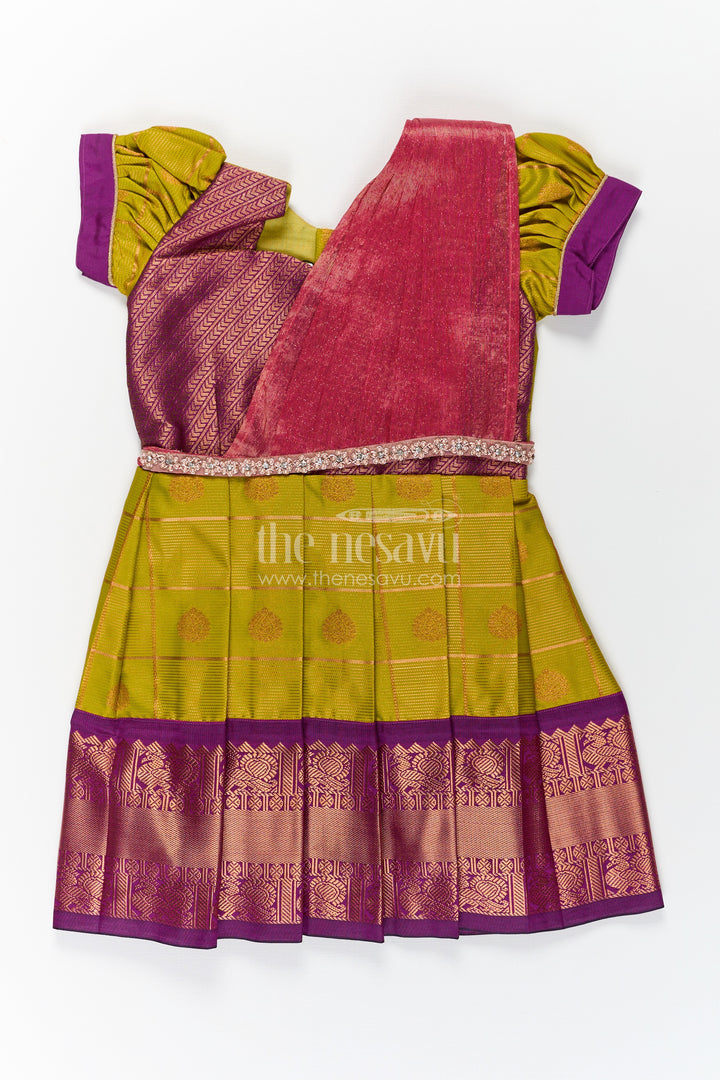 Girls Semi Kanchivaram Silk Frock with Stone Golden Lace Design and Contrasting Maroon Dupatta