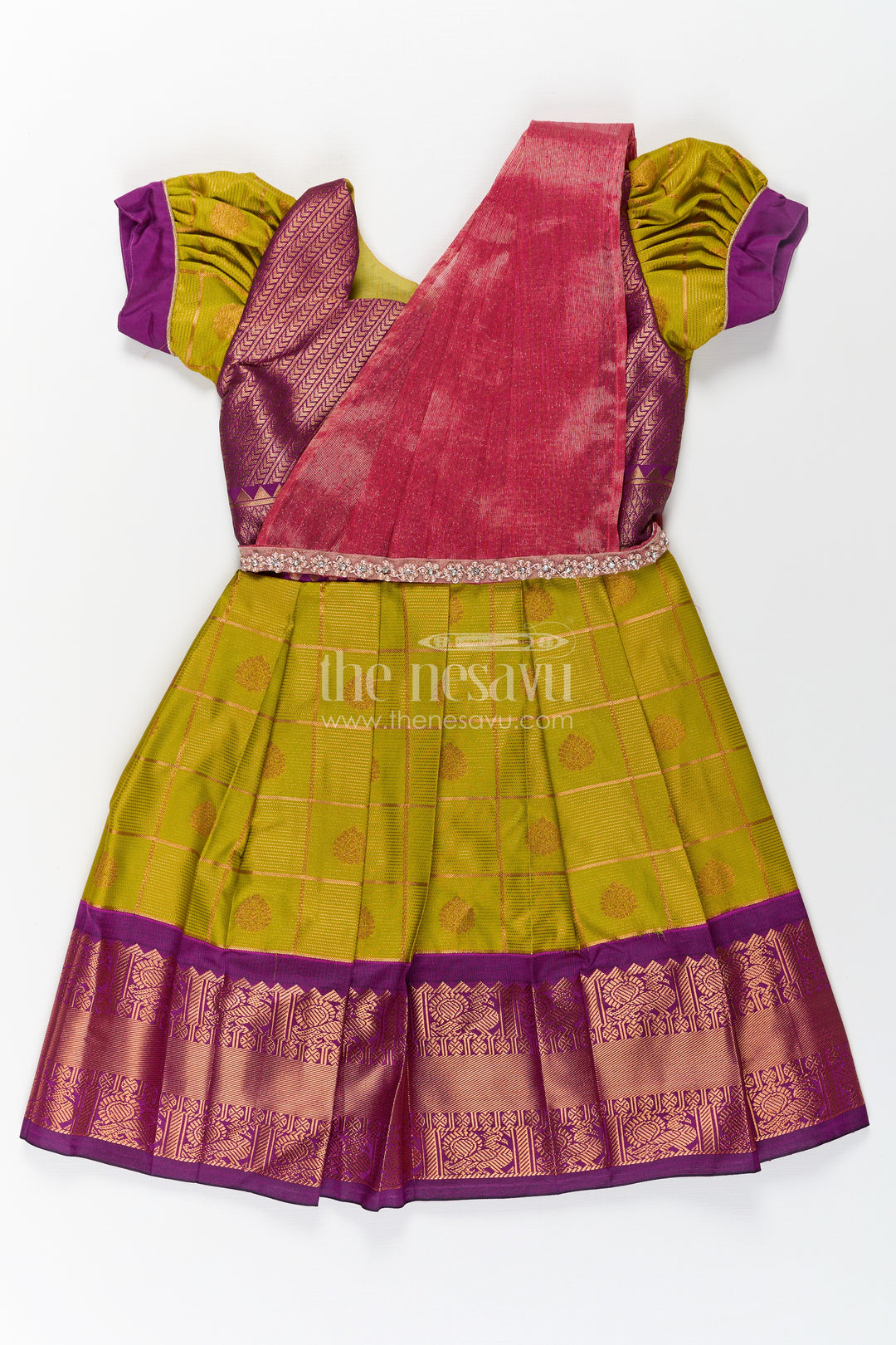 Girls Semi Kanchivaram Silk Frock with Stone Golden Lace Design and Contrasting Maroon Dupatta