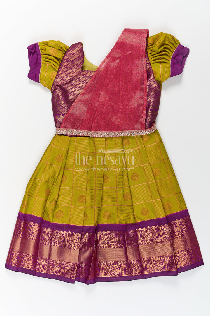 Girls Semi Kanchivaram Silk Frock with Stone Golden Lace Design and Contrasting Maroon Dupatta