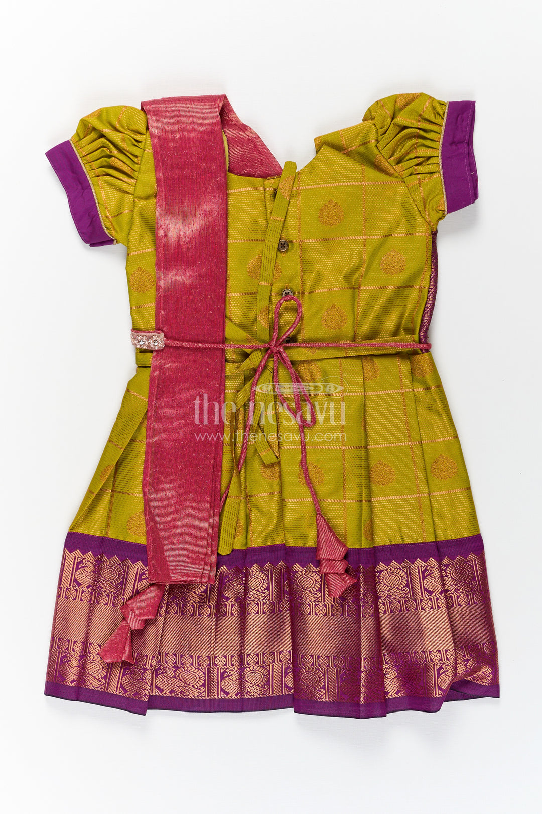 Girls Semi Kanchivaram Silk Frock with Stone Golden Lace Design and Contrasting Maroon Dupatta