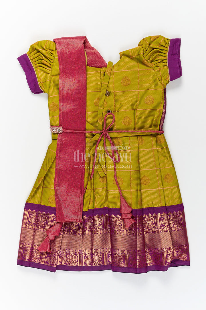 Girls Semi Kanchivaram Silk Frock with Stone Golden Lace Design and Contrasting Maroon Dupatta