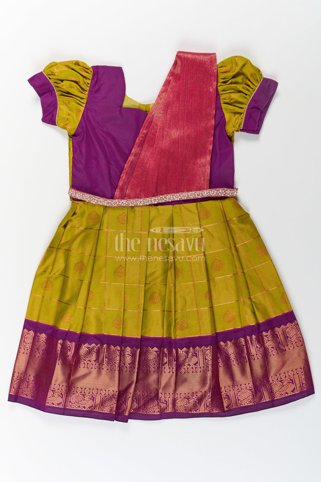 Girls Semi Kanchivaram Silk Frock with Stone Golden Lace Design and Contrasting Maroon Dupatta