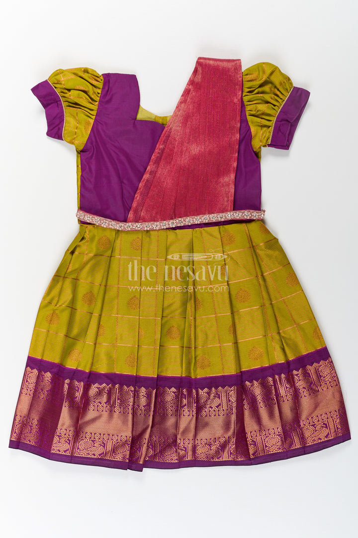 Girls Semi Kanchivaram Silk Frock with Stone Golden Lace Design and Contrasting Maroon Dupatta