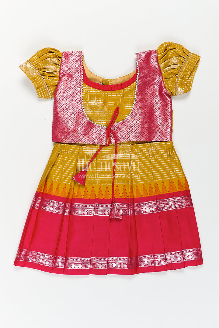 Girls Raw Silk Short Frocks in Semi Kanchivaram with Traditional Pink and Mustard Zari Border and Puff Sleeves