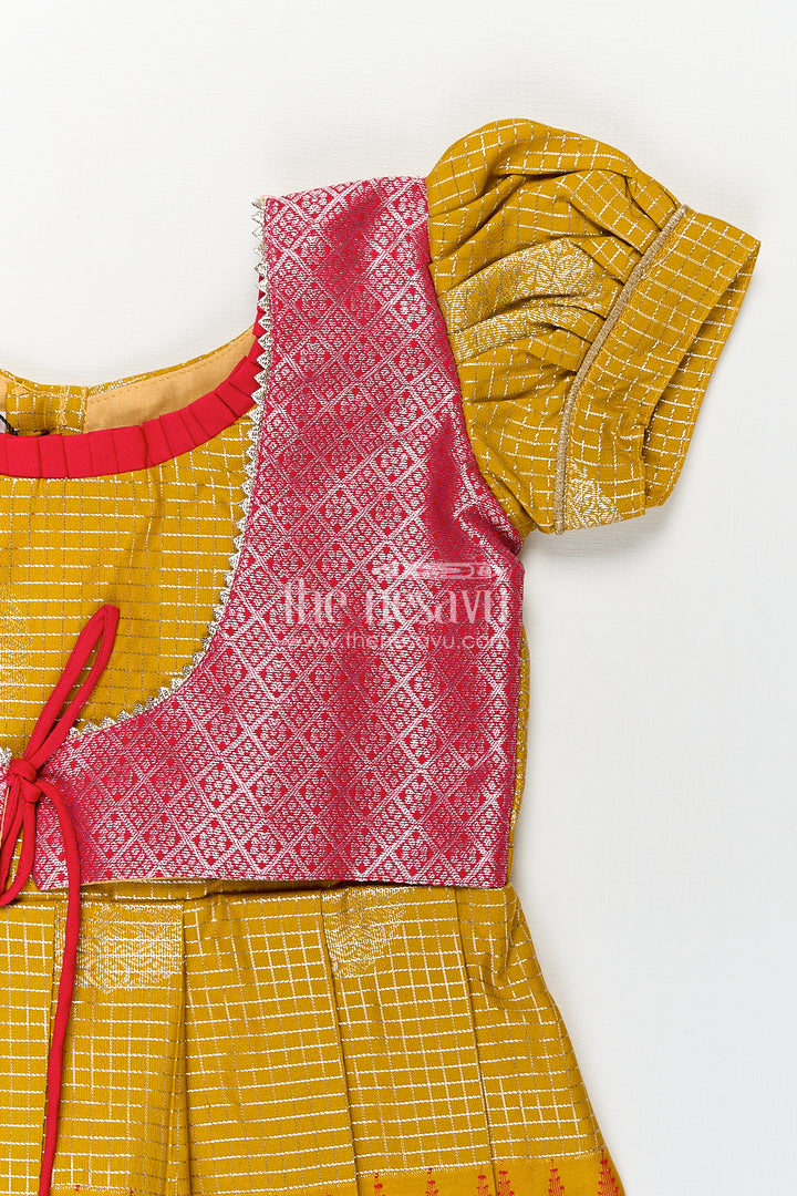 Girls Raw Silk Short Frocks in Semi Kanchivaram with Traditional Pink and Mustard Zari Border and Puff Sleeves