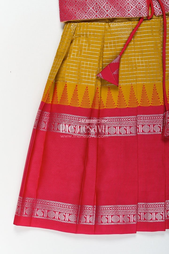 Girls Raw Silk Short Frocks in Semi Kanchivaram with Traditional Pink and Mustard Zari Border and Puff Sleeves