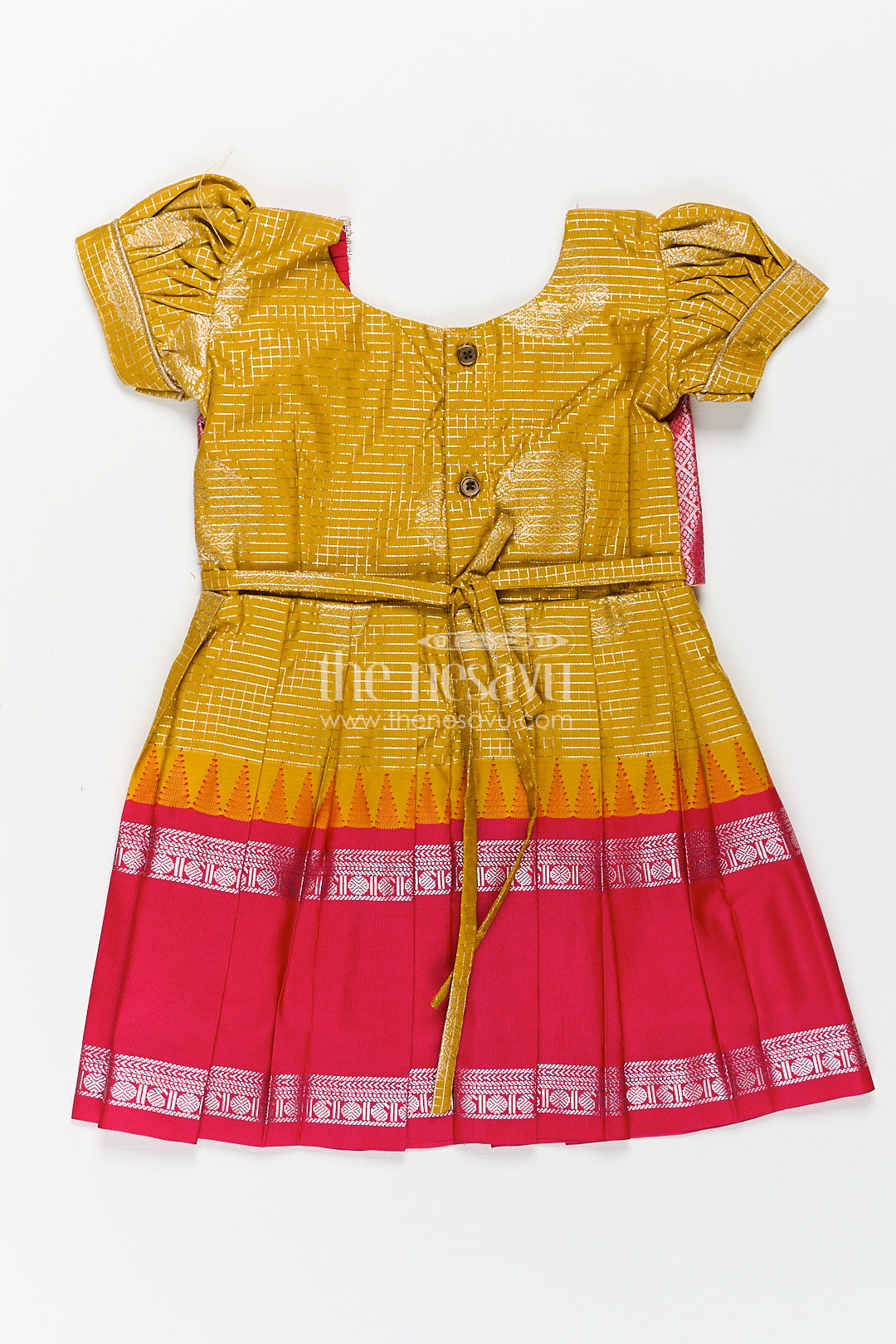Girls Raw Silk Short Frocks in Semi Kanchivaram with Traditional Pink and Mustard Zari Border and Puff Sleeves