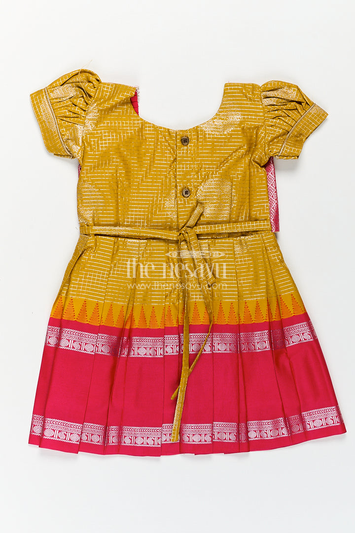 Girls Raw Silk Short Frocks in Semi Kanchivaram with Traditional Pink and Mustard Zari Border and Puff Sleeves