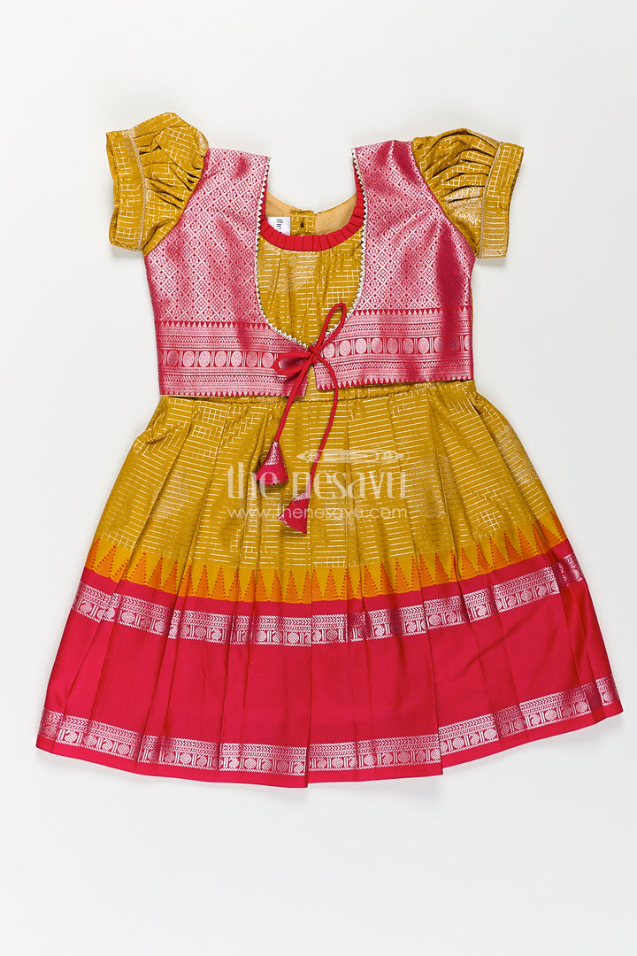 Girls Raw Silk Short Frocks in Semi Kanchivaram with Traditional Pink and Mustard Zari Border and Puff Sleeves