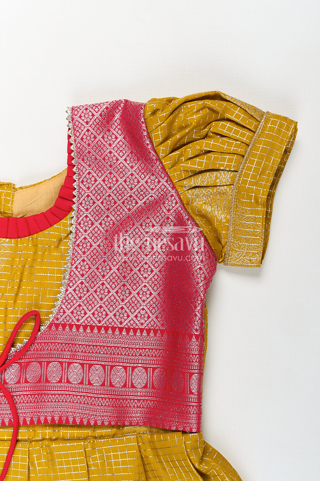 Girls Raw Silk Short Frocks in Semi Kanchivaram with Traditional Pink and Mustard Zari Border and Puff Sleeves