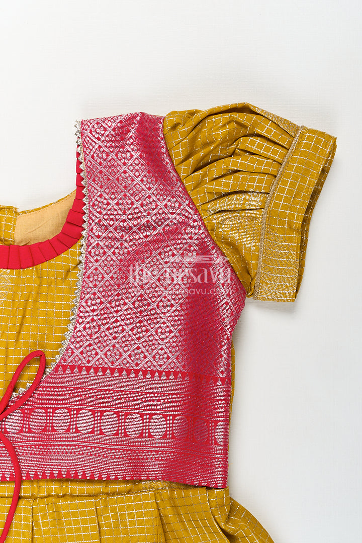 Girls Raw Silk Short Frocks in Semi Kanchivaram with Traditional Pink and Mustard Zari Border and Puff Sleeves
