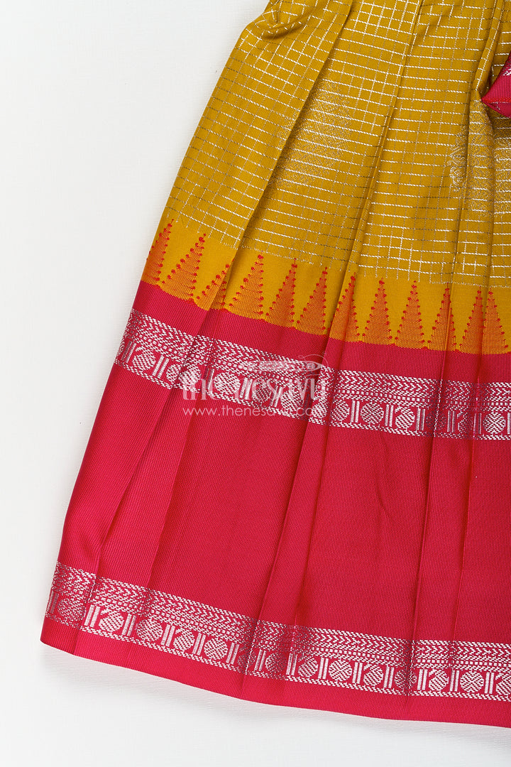 Girls Raw Silk Short Frocks in Semi Kanchivaram with Traditional Pink and Mustard Zari Border and Puff Sleeves