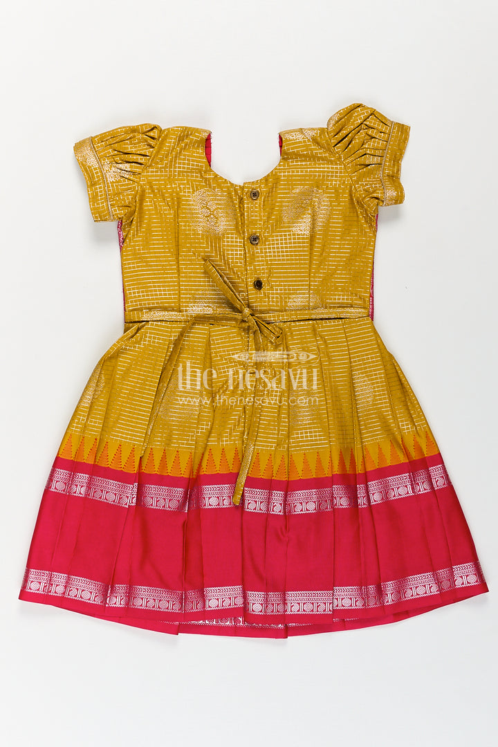 Girls Raw Silk Short Frocks in Semi Kanchivaram with Traditional Pink and Mustard Zari Border and Puff Sleeves