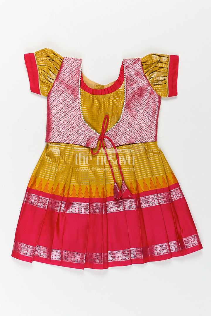 Girls Raw Silk Short Frocks in Semi Kanchivaram with Traditional Pink and Mustard Zari Border and Puff Sleeves
