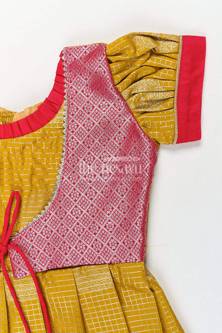 Girls Raw Silk Short Frocks in Semi Kanchivaram with Traditional Pink and Mustard Zari Border and Puff Sleeves