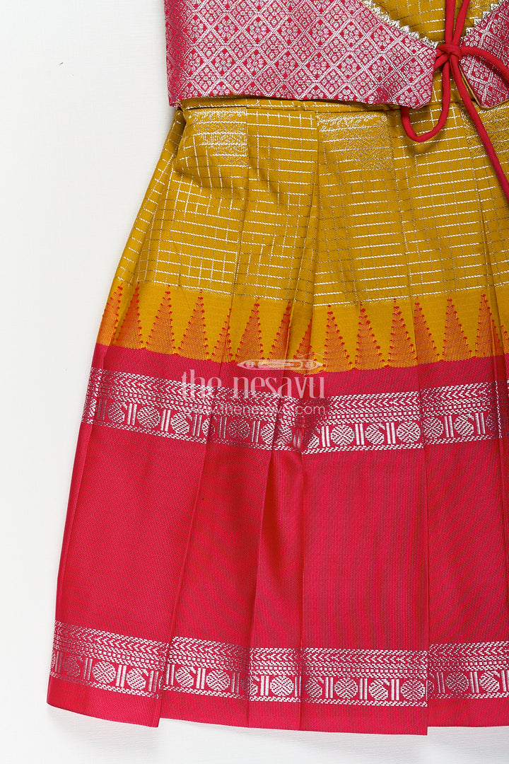 Girls Raw Silk Short Frocks in Semi Kanchivaram with Traditional Pink and Mustard Zari Border and Puff Sleeves
