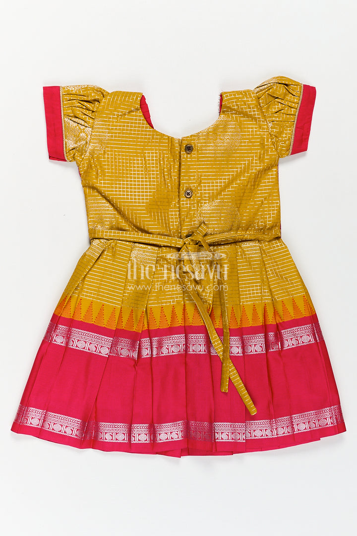 Girls Raw Silk Short Frocks in Semi Kanchivaram with Traditional Pink and Mustard Zari Border and Puff Sleeves