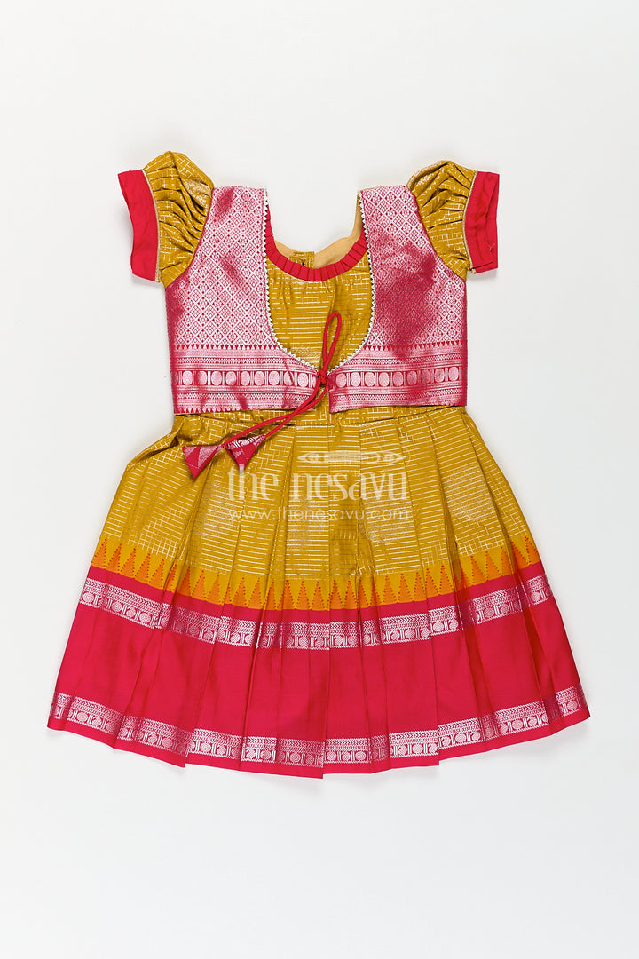 Girls Raw Silk Short Frocks in Semi Kanchivaram with Traditional Pink and Mustard Zari Border and Puff Sleeves