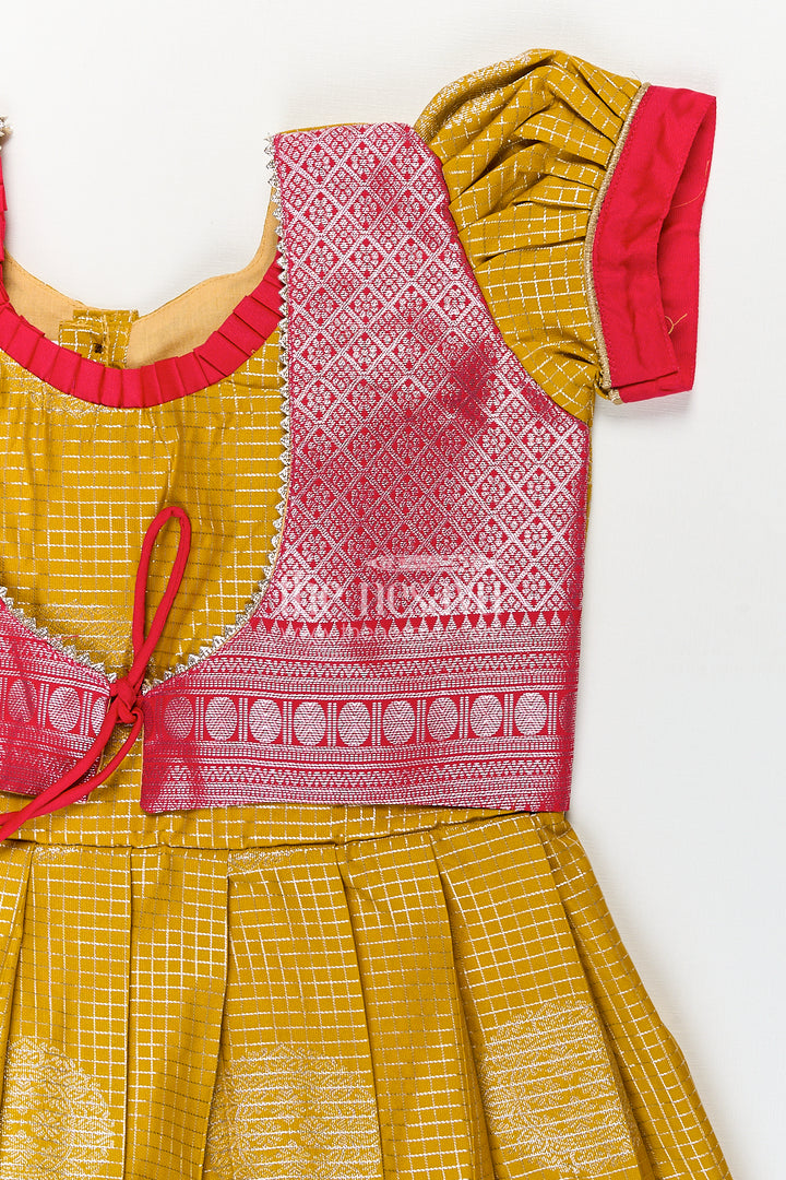 Girls Raw Silk Short Frocks in Semi Kanchivaram with Traditional Pink and Mustard Zari Border and Puff Sleeves