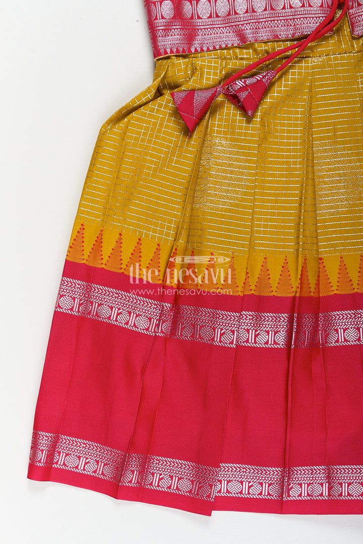 Girls Raw Silk Short Frocks in Semi Kanchivaram with Traditional Pink and Mustard Zari Border and Puff Sleeves